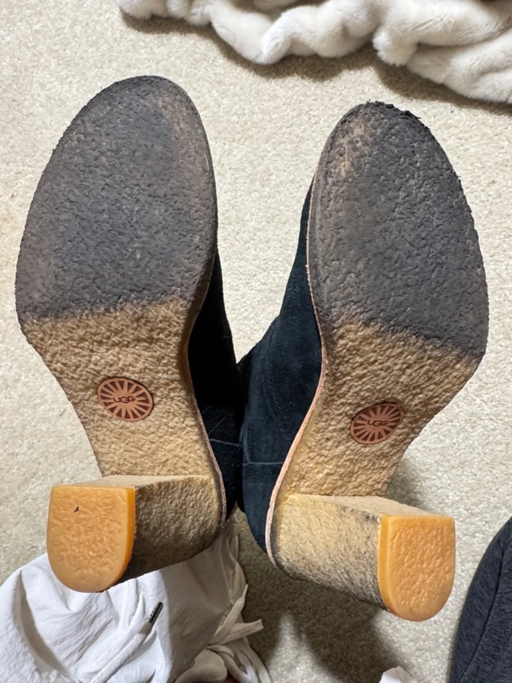 UGG Black Suede Ankle Heeled Boots with Wood-Tone Heel - Picture 5 of 6